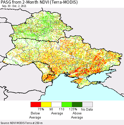 Ukraine, Moldova and Belarus PASG from 2-Month NDVI (Terra-MODIS) Thematic Map For 11/25/2021 - 12/2/2021