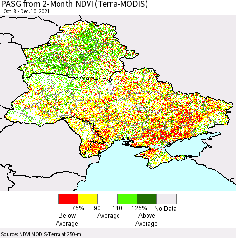 Ukraine, Moldova and Belarus PASG from 2-Month NDVI (Terra-MODIS) Thematic Map For 12/1/2021 - 12/10/2021