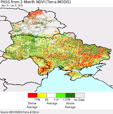 Ukraine, Moldova and Belarus PASG from 2-Month NDVI (Terra-MODIS) Thematic Map For 1/1/2022 - 1/8/2022