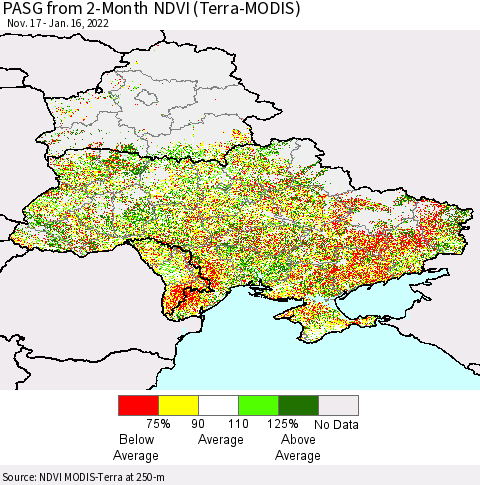 Ukraine, Moldova and Belarus PASG from 2-Month NDVI (Terra-MODIS) Thematic Map For 1/9/2022 - 1/16/2022