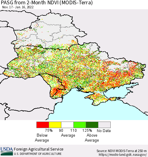 Ukraine, Moldova and Belarus PASG from 2-Month NDVI (Terra-MODIS) Thematic Map For 1/11/2022 - 1/20/2022