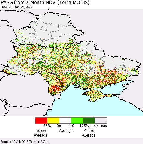 Ukraine, Moldova and Belarus PASG from 2-Month NDVI (Terra-MODIS) Thematic Map For 1/17/2022 - 1/24/2022