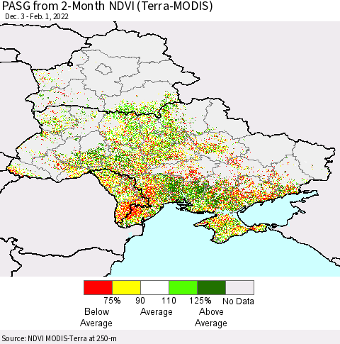 Ukraine, Moldova and Belarus PASG from 2-Month NDVI (Terra-MODIS) Thematic Map For 1/25/2022 - 2/1/2022
