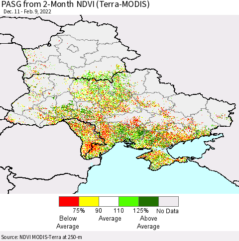 Ukraine, Moldova and Belarus PASG from 2-Month NDVI (Terra-MODIS) Thematic Map For 2/2/2022 - 2/9/2022