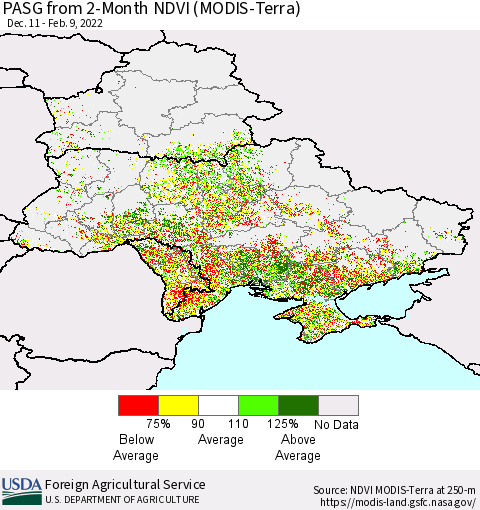 Ukraine, Moldova and Belarus PASG from 2-Month NDVI (Terra-MODIS) Thematic Map For 2/1/2022 - 2/10/2022
