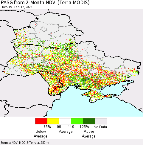 Ukraine, Moldova and Belarus PASG from 2-Month NDVI (Terra-MODIS) Thematic Map For 2/10/2022 - 2/17/2022
