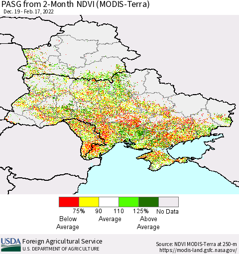 Ukraine, Moldova and Belarus PASG from 2-Month NDVI (Terra-MODIS) Thematic Map For 2/11/2022 - 2/20/2022