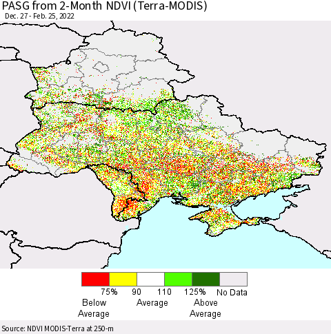 Ukraine, Moldova and Belarus PASG from 2-Month NDVI (Terra-MODIS) Thematic Map For 2/18/2022 - 2/25/2022