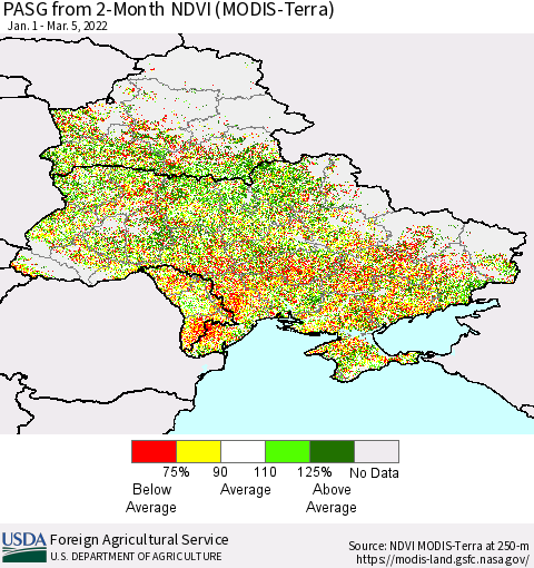 Ukraine, Moldova and Belarus PASG from 2-Month NDVI (Terra-MODIS) Thematic Map For 3/1/2022 - 3/10/2022