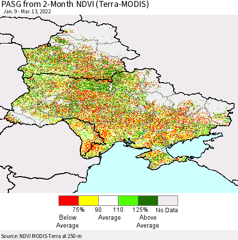 Ukraine, Moldova and Belarus PASG from 2-Month NDVI (Terra-MODIS) Thematic Map For 3/6/2022 - 3/13/2022