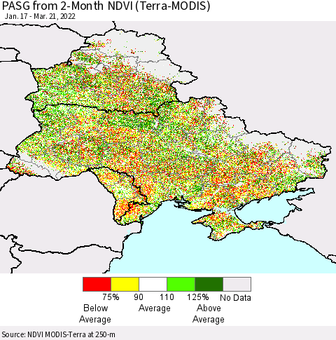 Ukraine, Moldova and Belarus PASG from 2-Month NDVI (Terra-MODIS) Thematic Map For 3/14/2022 - 3/21/2022