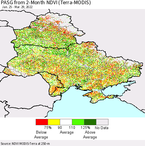 Ukraine, Moldova and Belarus PASG from 2-Month NDVI (Terra-MODIS) Thematic Map For 3/22/2022 - 3/29/2022