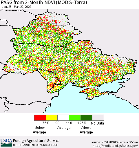 Ukraine, Moldova and Belarus PASG from 2-Month NDVI (Terra-MODIS) Thematic Map For 3/21/2022 - 3/31/2022
