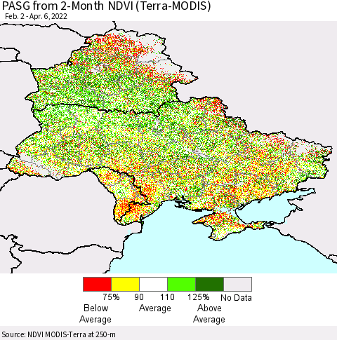 Ukraine, Moldova and Belarus PASG from 2-Month NDVI (Terra-MODIS) Thematic Map For 3/30/2022 - 4/6/2022