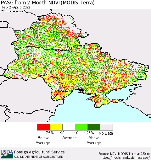 Ukraine, Moldova and Belarus PASG from 2-Month NDVI (Terra-MODIS) Thematic Map For 4/1/2022 - 4/10/2022