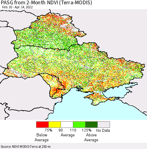 Ukraine, Moldova and Belarus PASG from 2-Month NDVI (Terra-MODIS) Thematic Map For 4/7/2022 - 4/14/2022