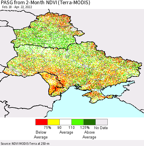 Ukraine, Moldova and Belarus PASG from 2-Month NDVI (Terra-MODIS) Thematic Map For 4/15/2022 - 4/22/2022