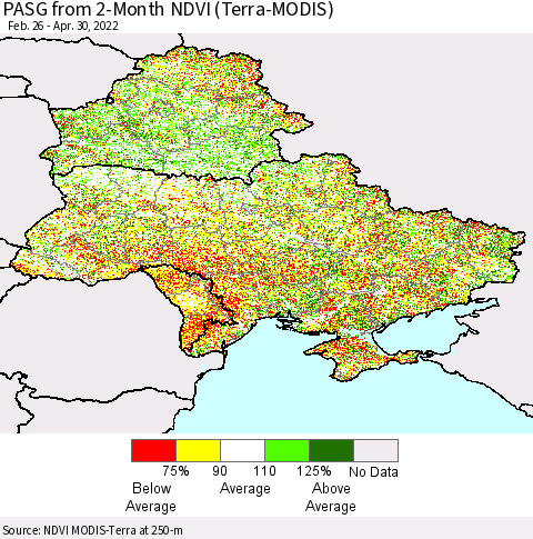 Ukraine, Moldova and Belarus PASG from 2-Month NDVI (Terra-MODIS) Thematic Map For 4/21/2022 - 4/30/2022