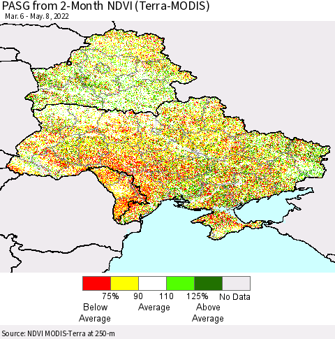 Ukraine, Moldova and Belarus PASG from 2-Month NDVI (Terra-MODIS) Thematic Map For 5/1/2022 - 5/8/2022