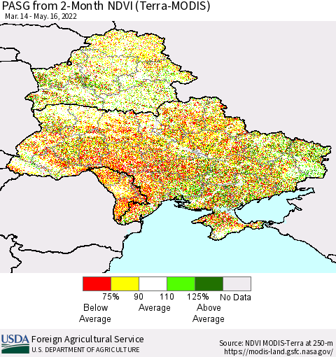 Ukraine, Moldova and Belarus PASG from 2-Month NDVI (Terra-MODIS) Thematic Map For 5/11/2022 - 5/20/2022