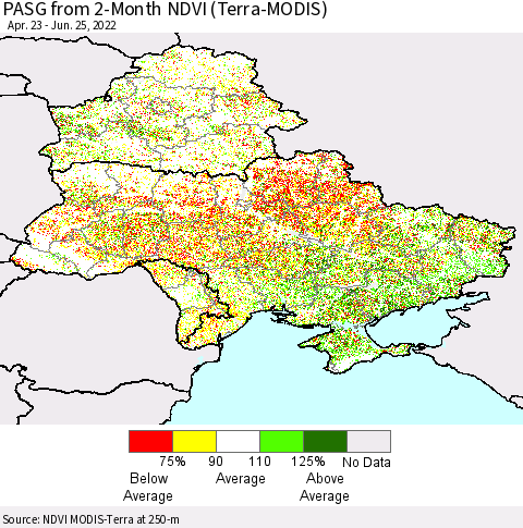 Ukraine, Moldova and Belarus PASG from 2-Month NDVI (Terra-MODIS) Thematic Map For 6/18/2022 - 6/25/2022