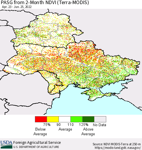 Ukraine, Moldova and Belarus PASG from 2-Month NDVI (Terra-MODIS) Thematic Map For 6/21/2022 - 6/30/2022