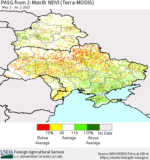 Ukraine, Moldova and Belarus PASG from 2-Month NDVI (Terra-MODIS) Thematic Map For 7/1/2022 - 7/10/2022