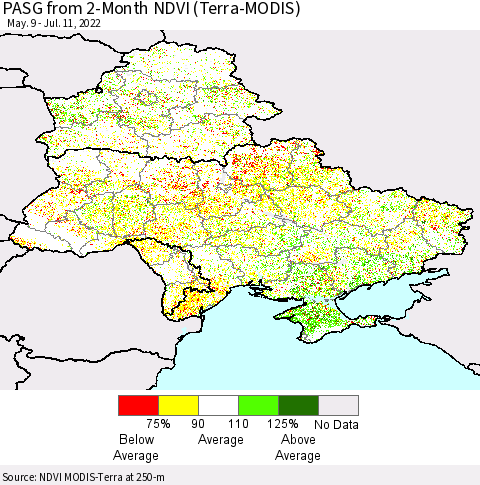 Ukraine, Moldova and Belarus PASG from 2-Month NDVI (Terra-MODIS) Thematic Map For 7/4/2022 - 7/11/2022