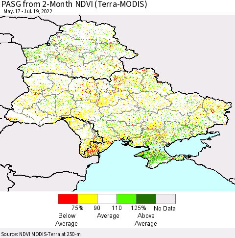 Ukraine, Moldova and Belarus PASG from 2-Month NDVI (Terra-MODIS) Thematic Map For 7/12/2022 - 7/19/2022