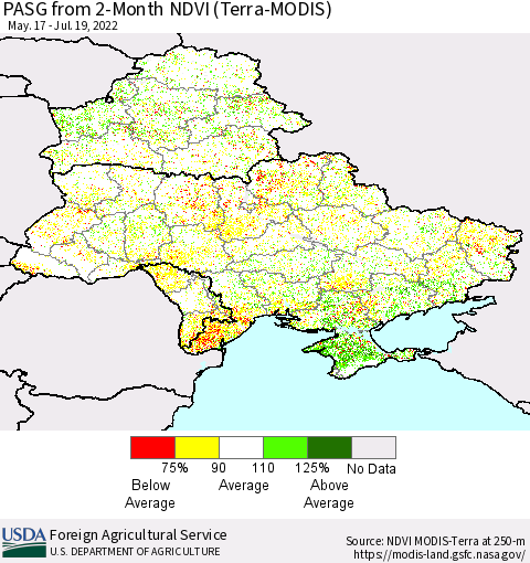 Ukraine, Moldova and Belarus PASG from 2-Month NDVI (Terra-MODIS) Thematic Map For 7/11/2022 - 7/20/2022