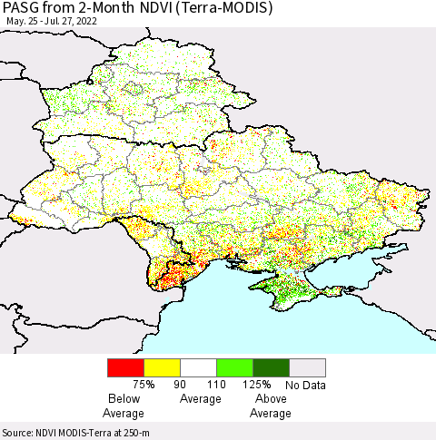 Ukraine, Moldova and Belarus PASG from 2-Month NDVI (Terra-MODIS) Thematic Map For 7/20/2022 - 7/27/2022