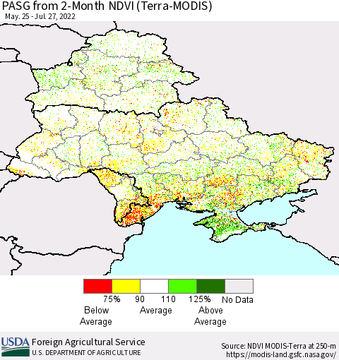 Ukraine, Moldova and Belarus PASG from 2-Month NDVI (Terra-MODIS) Thematic Map For 7/21/2022 - 7/31/2022