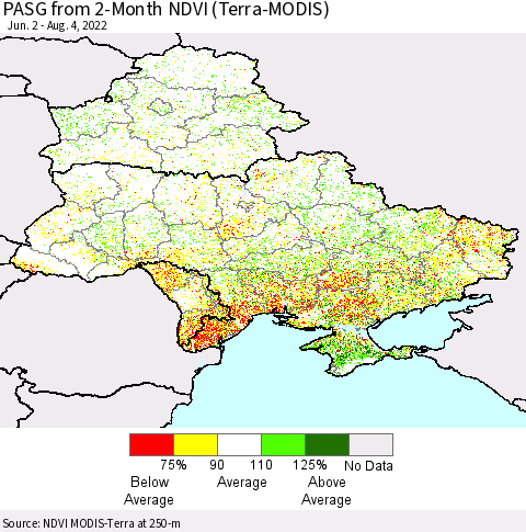 Ukraine, Moldova and Belarus PASG from 2-Month NDVI (Terra-MODIS) Thematic Map For 7/28/2022 - 8/4/2022