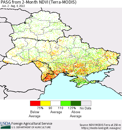 Ukraine, Moldova and Belarus PASG from 2-Month NDVI (Terra-MODIS) Thematic Map For 8/1/2022 - 8/10/2022
