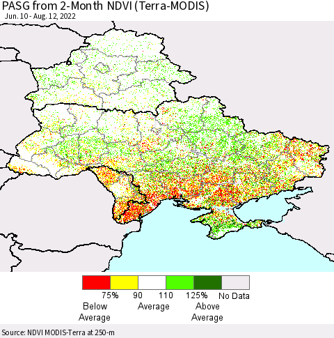 Ukraine, Moldova and Belarus PASG from 2-Month NDVI (Terra-MODIS) Thematic Map For 8/5/2022 - 8/12/2022