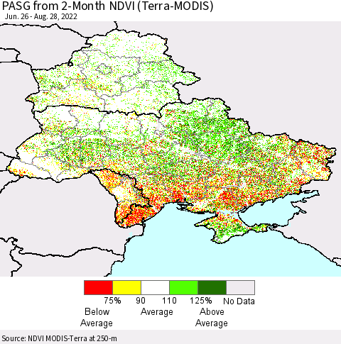 Ukraine, Moldova and Belarus PASG from 2-Month NDVI (Terra-MODIS) Thematic Map For 8/21/2022 - 8/28/2022