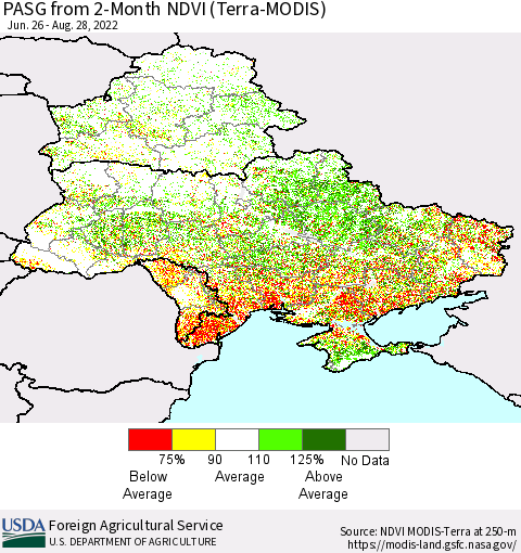 Ukraine, Moldova and Belarus PASG from 2-Month NDVI (Terra-MODIS) Thematic Map For 8/21/2022 - 8/31/2022
