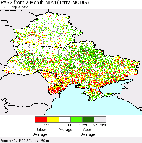 Ukraine, Moldova and Belarus PASG from 2-Month NDVI (Terra-MODIS) Thematic Map For 8/29/2022 - 9/5/2022