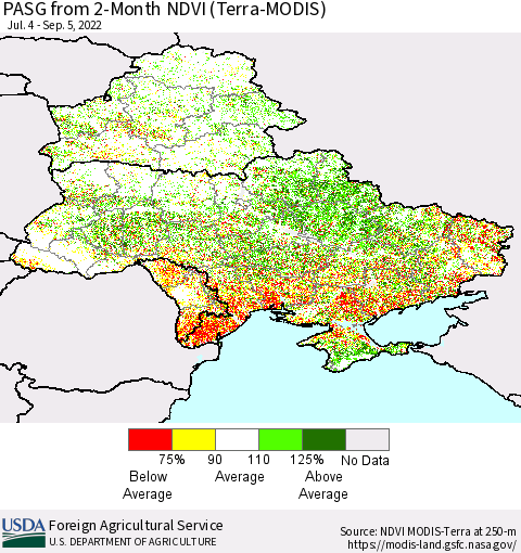 Ukraine, Moldova and Belarus PASG from 2-Month NDVI (Terra-MODIS) Thematic Map For 9/1/2022 - 9/10/2022