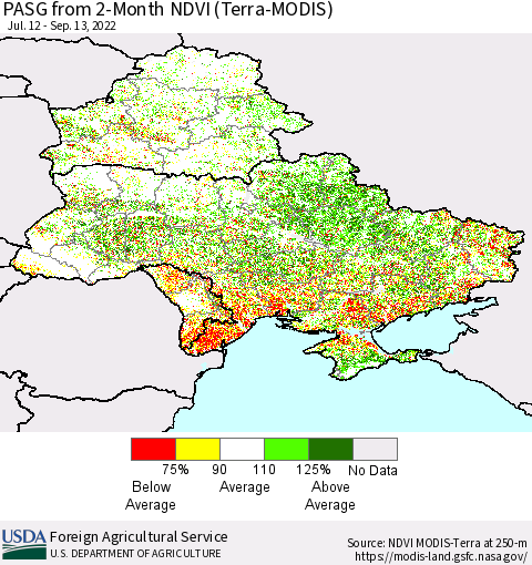 Ukraine, Moldova and Belarus PASG from 2-Month NDVI (Terra-MODIS) Thematic Map For 9/11/2022 - 9/20/2022
