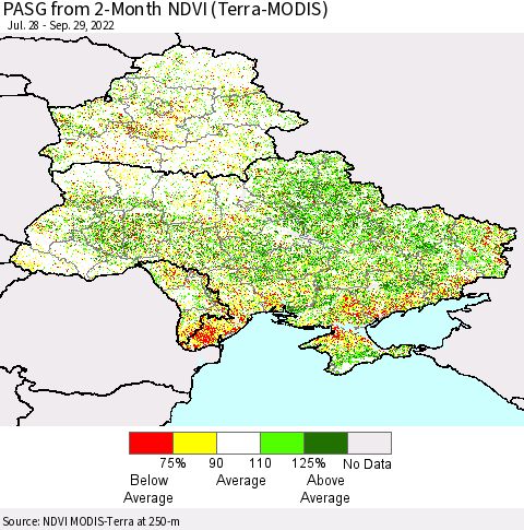 Ukraine, Moldova and Belarus PASG from 2-Month NDVI (Terra-MODIS) Thematic Map For 9/22/2022 - 9/29/2022