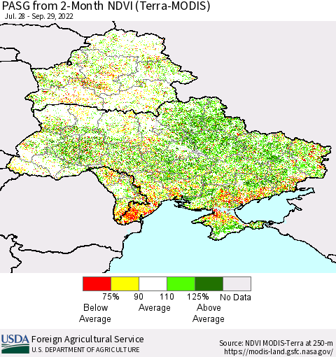 Ukraine, Moldova and Belarus PASG from 2-Month NDVI (Terra-MODIS) Thematic Map For 9/21/2022 - 9/30/2022