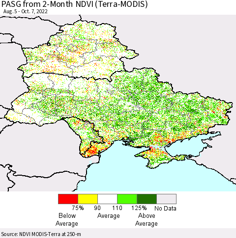 Ukraine, Moldova and Belarus PASG from 2-Month NDVI (Terra-MODIS) Thematic Map For 9/30/2022 - 10/7/2022