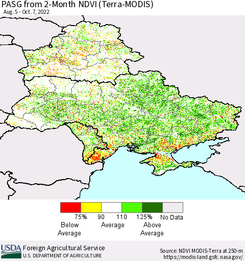 Ukraine, Moldova and Belarus PASG from 2-Month NDVI (Terra-MODIS) Thematic Map For 10/1/2022 - 10/10/2022