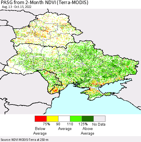 Ukraine, Moldova and Belarus PASG from 2-Month NDVI (Terra-MODIS) Thematic Map For 10/8/2022 - 10/15/2022
