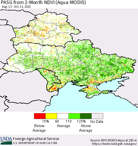 Ukraine, Moldova and Belarus PASG from 2-Month NDVI (Terra-MODIS) Thematic Map For 10/11/2022 - 10/20/2022