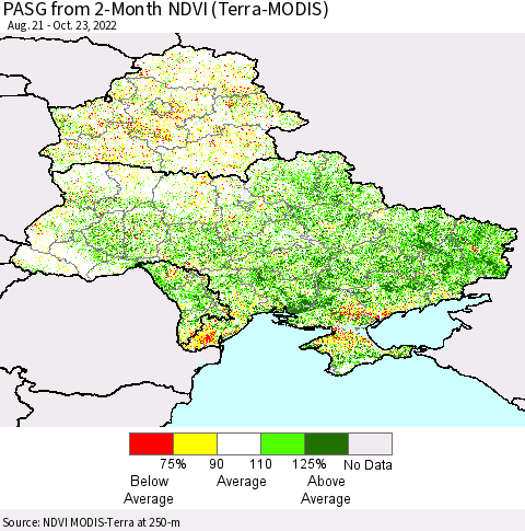 Ukraine, Moldova and Belarus PASG from 2-Month NDVI (Terra-MODIS) Thematic Map For 10/16/2022 - 10/23/2022