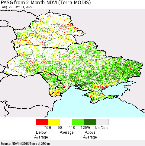 Ukraine, Moldova and Belarus PASG from 2-Month NDVI (Terra-MODIS) Thematic Map For 10/24/2022 - 10/31/2022
