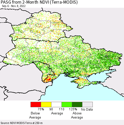 Ukraine, Moldova and Belarus PASG from 2-Month NDVI (Terra-MODIS) Thematic Map For 11/1/2022 - 11/8/2022
