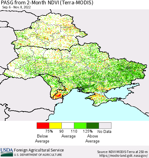 Ukraine, Moldova and Belarus PASG from 2-Month NDVI (Terra-MODIS) Thematic Map For 11/1/2022 - 11/10/2022